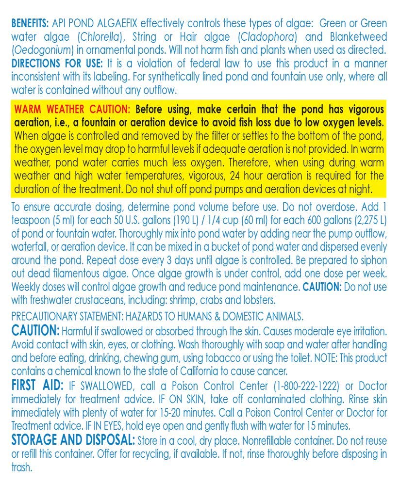 API POND ALGAEFIX dosing guide beside bottle for application