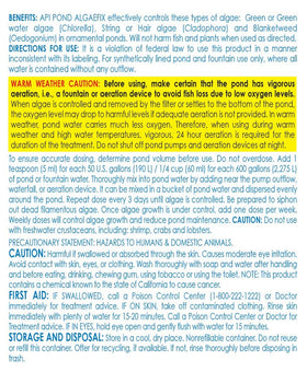 API POND ALGAEFIX dosing guide beside bottle for application