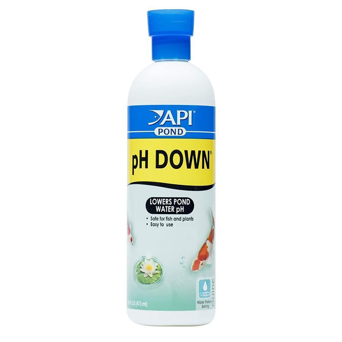 API POND pH DOWN bottle shows 16-ounce size for safe pH reduction in ponds.