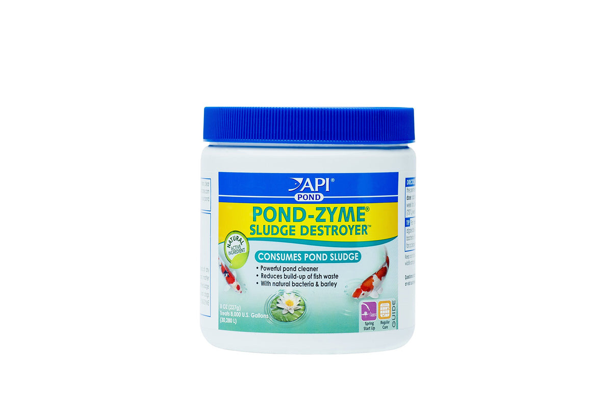API Pond-Zyme Sludge Destroyer 8oz bottle shown for clearer pond water.
