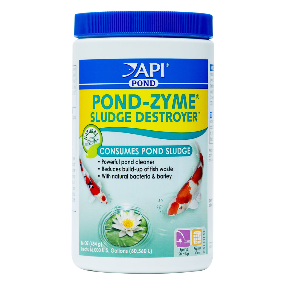 API Pond-Zyme Sludge Destroyer bottle shown ready for spring start up to reduce pond sludge