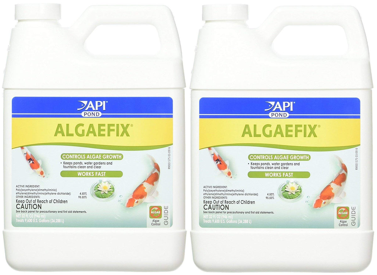 API Pondcare Algaefix bottle pour demonstrates easy algae treatment in ponds