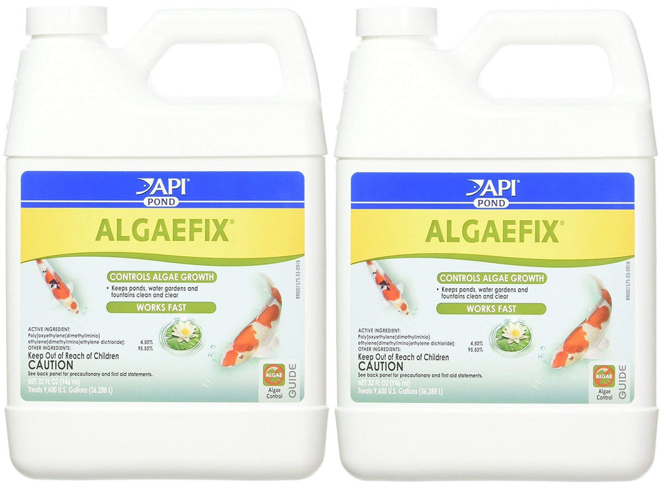API Pondcare Algaefix bottle pour demonstrates easy algae treatment in ponds