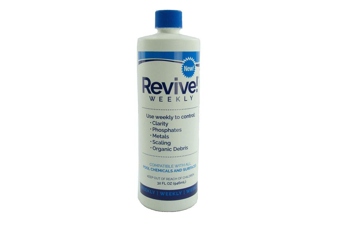 API Water Revive weekly clarifier bottle shown for precise dosing and clear pool water.