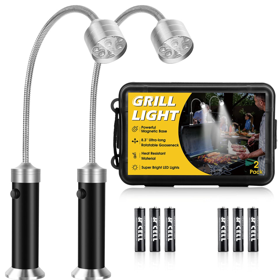 Apicey barbecue grill lights with magnetic base illuminate the grill area clearly.