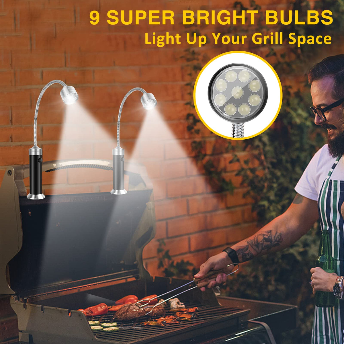 Apicey grill light with 360-degree gooseneck provides versatile, precise lighting.