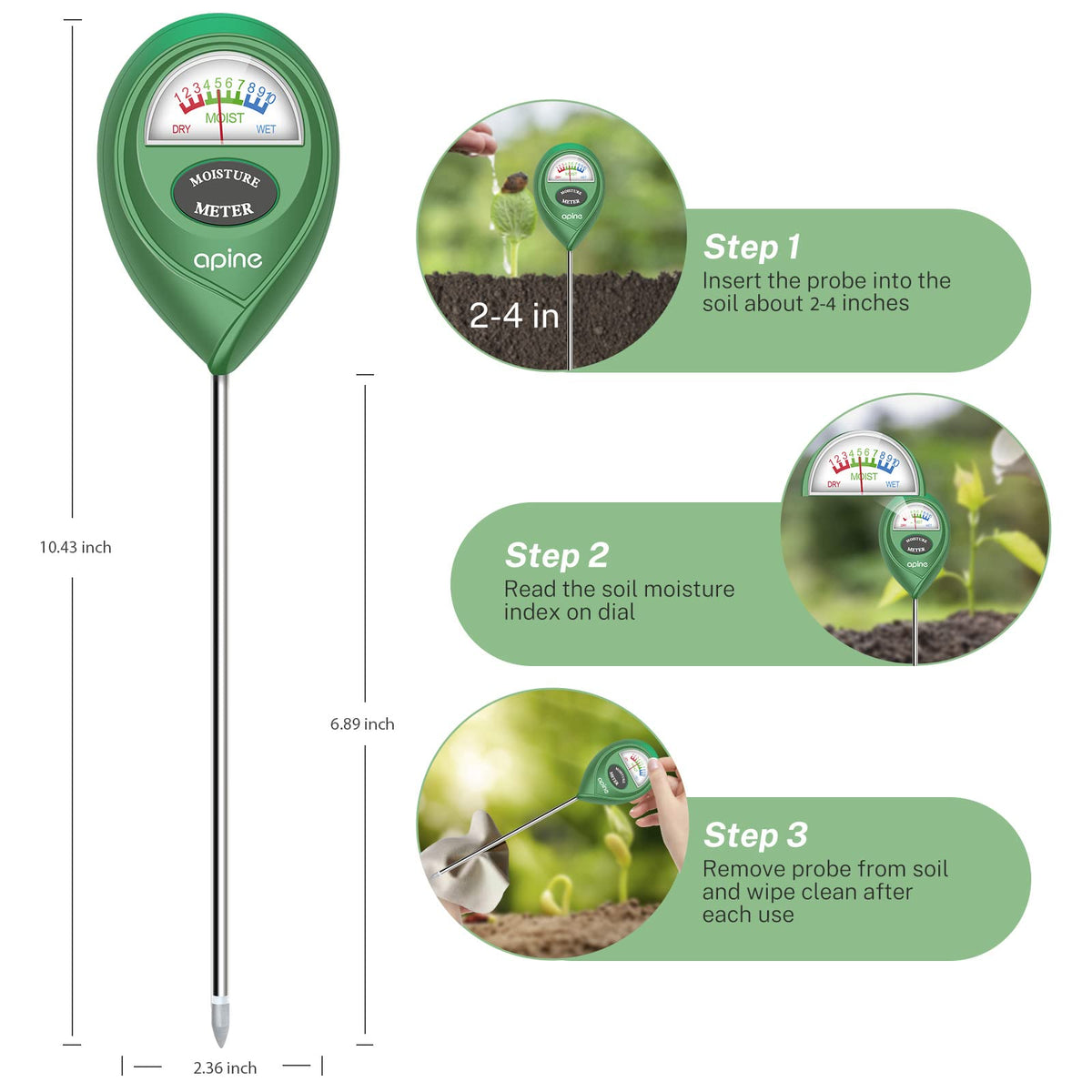apine soil moisture meter probe inserted into soil for accurate readings