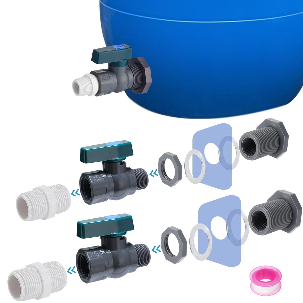 Apipi rain barrel spigot kit 2pcs close-up of durable PVC parts for outdoors.