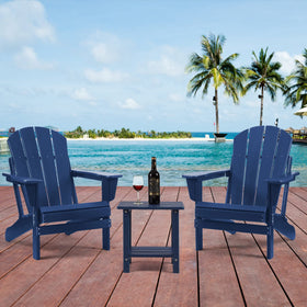 Apolimi Adirondack side table holds lamp and drinks by poolside at dusk.