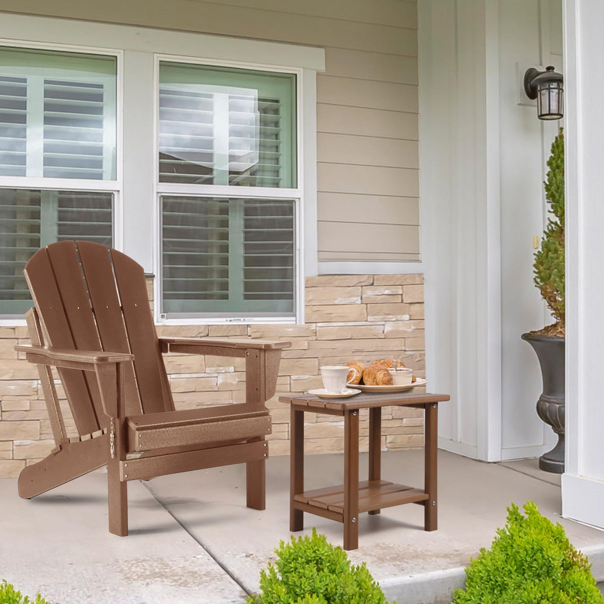 Apolimi Adirondack side table front view with weather-resistant wood-like finish for outdoors.