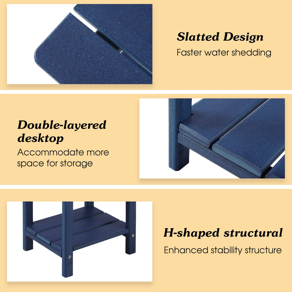 Apolimi navy blue table complements Adirondack chairs and loungers.