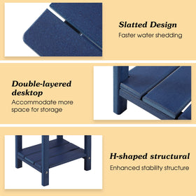 Apolimi navy blue table complements Adirondack chairs and loungers.