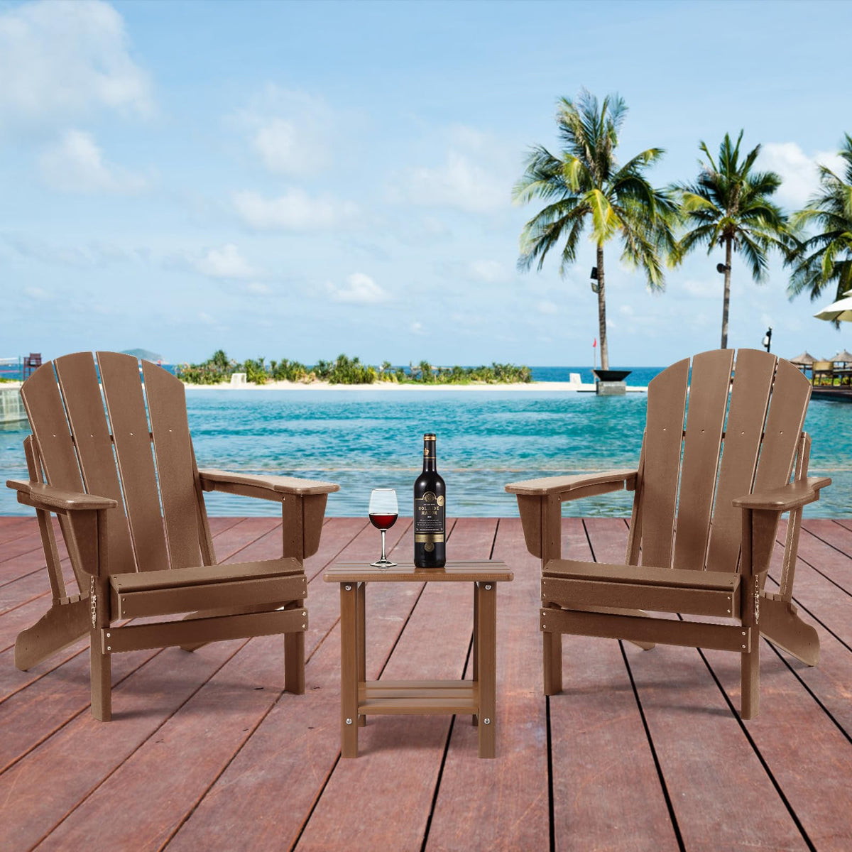 Apolimi Adirondack side table on patio scene complements chairs and lounge.