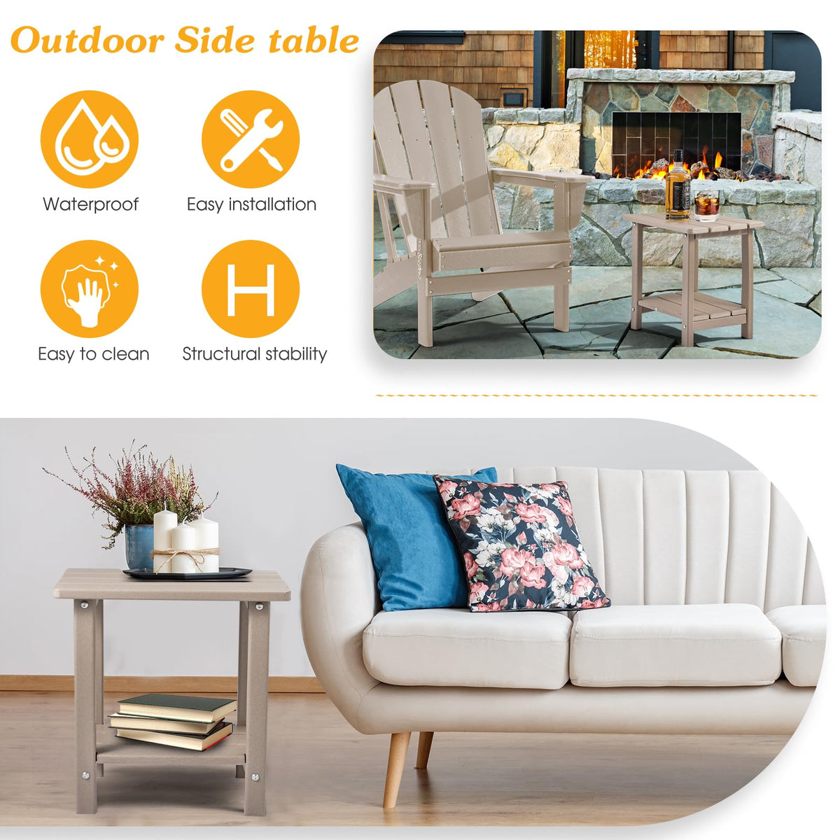 Apolimi outdoor table in a garden corner provides a surface for snacks and decor.