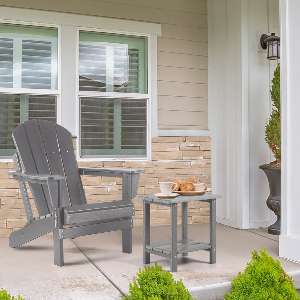 Apolimi outdoor side table with weather-resistant wood-like finish outdoors.
