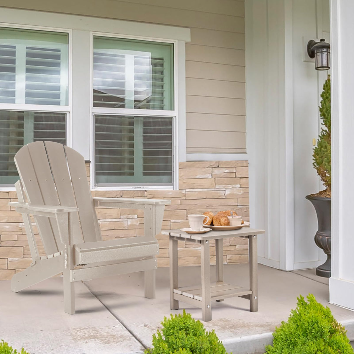Apolimi two-tier patio end table highlights sturdy construction for outdoor use.
