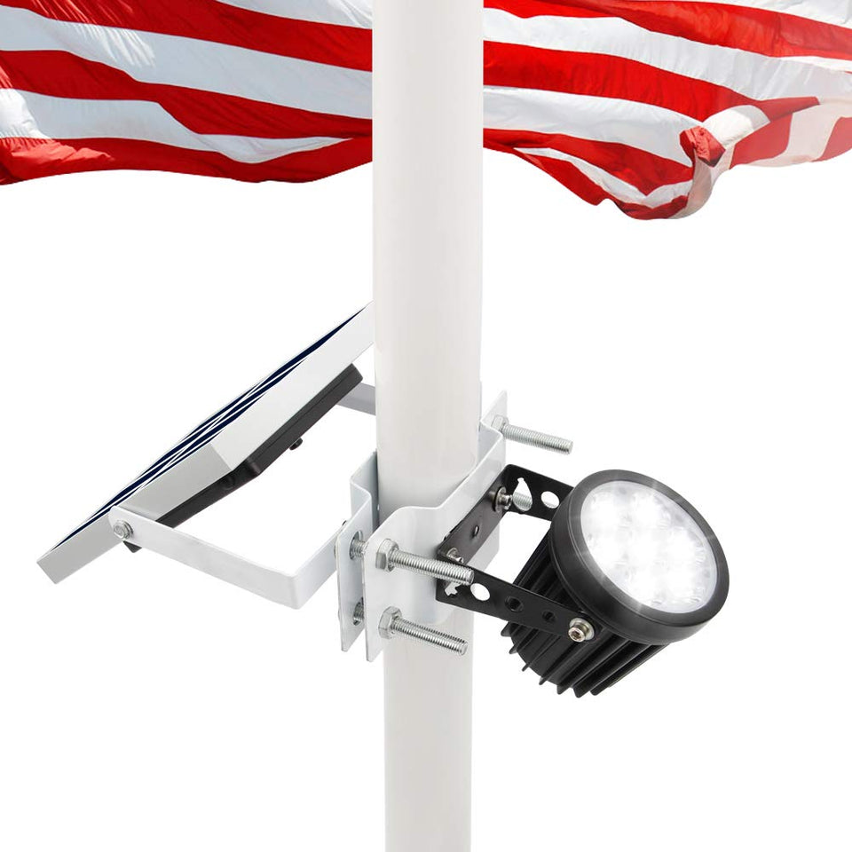 APONUO Solar Flag Light assembly showing adjustable clamps for flagpoles