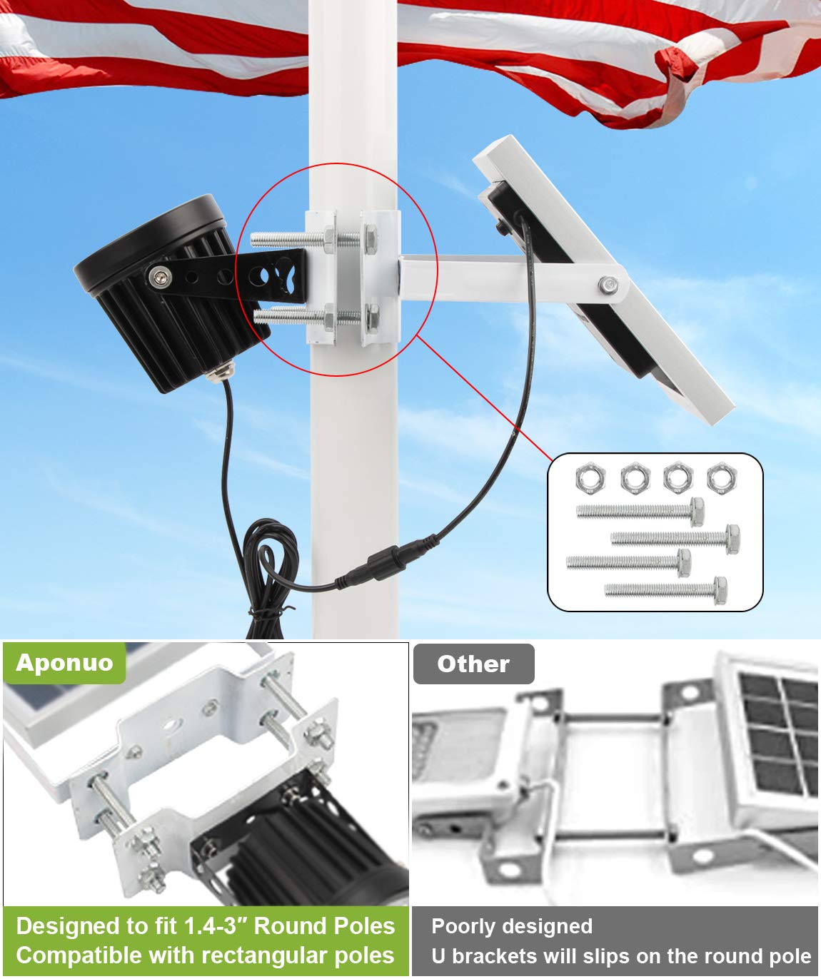 APONUO Solar Flag Light mounted on pole providing even outdoor illumination