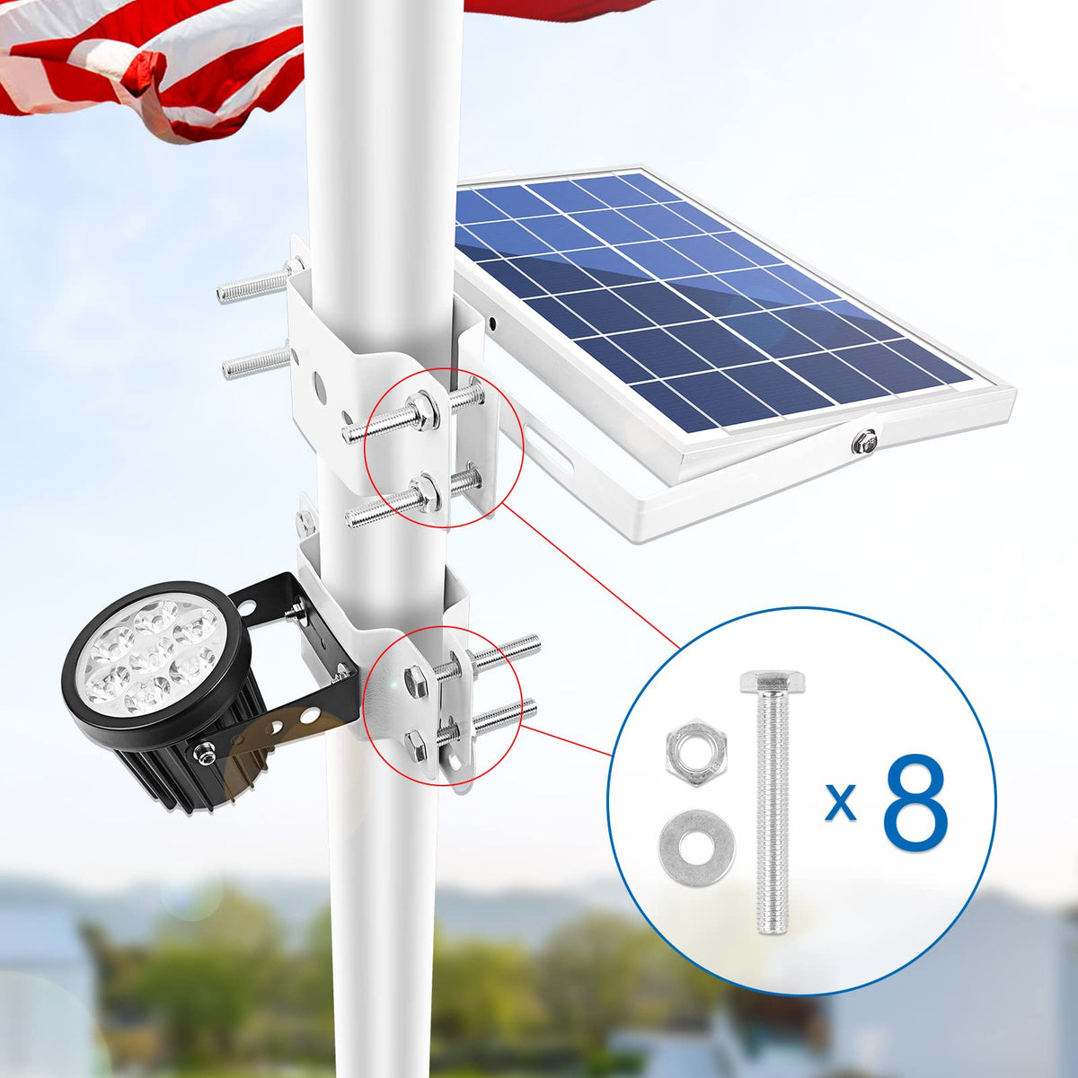 APONUO solar flagpole light with separate-panel design eases orientation to flag at night
