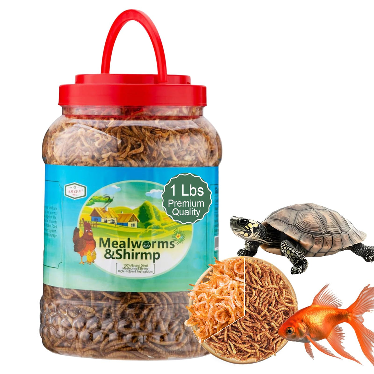 Appetizing Mealworms Amzey shrimp-mealworms bucket front, high-protein poultry treat