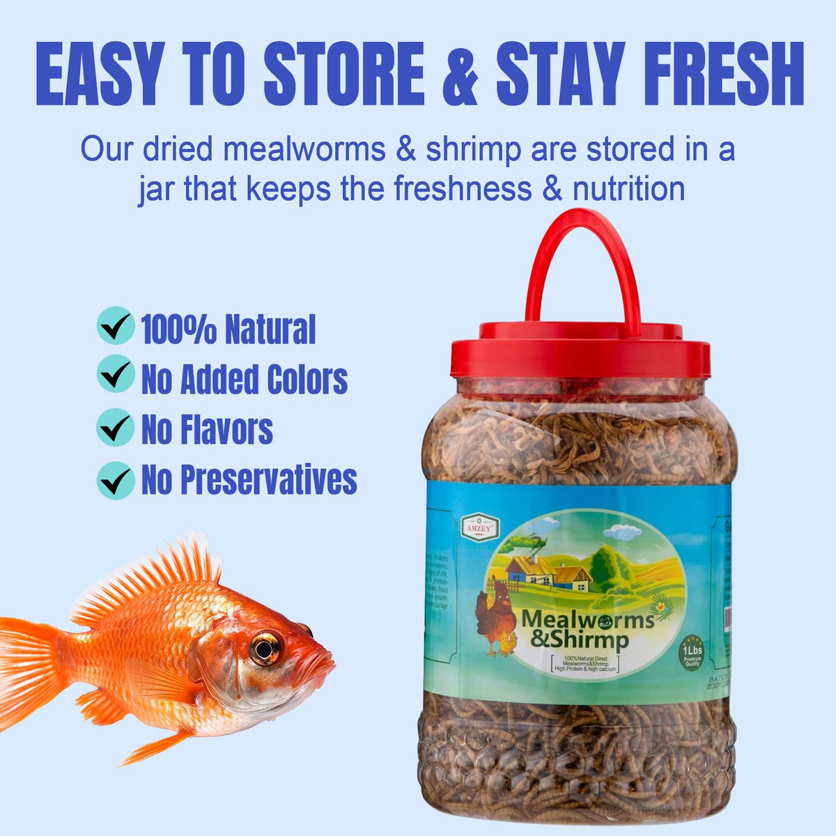 Non-GMO seal on Amzey Shrimp & Mealworms packaging