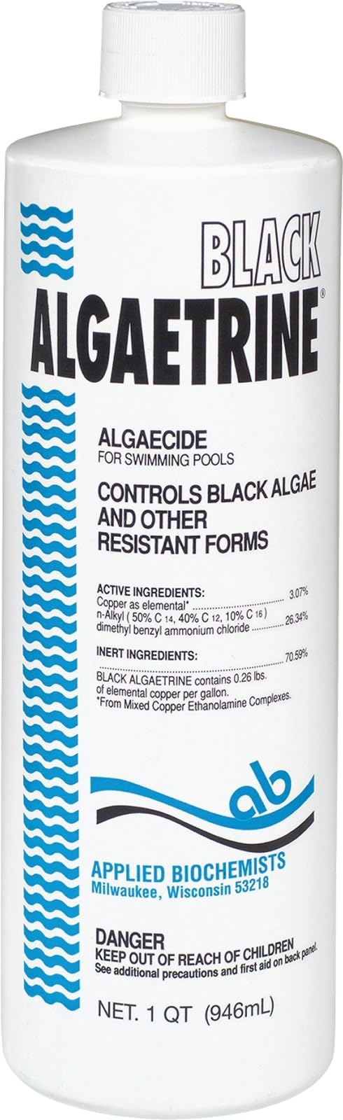 Applied Biochemists Black Algaetrine bottle on pool deck ready for use, algaecide in hand