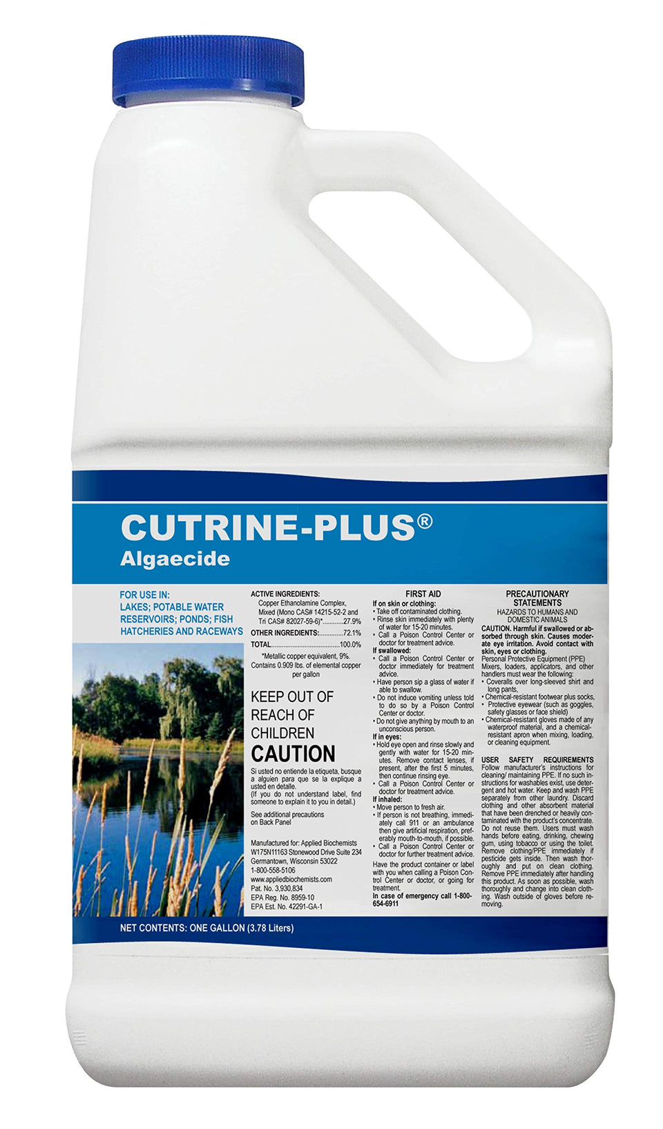 Applied Biochemists Cutrine Plus bottle front, fast-acting algae control for ponds.