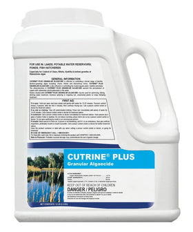 APPLIED BIOCHEMISTS Cutrine-Plus granular algaecide container ready for pond treatment to reduce algae growth.