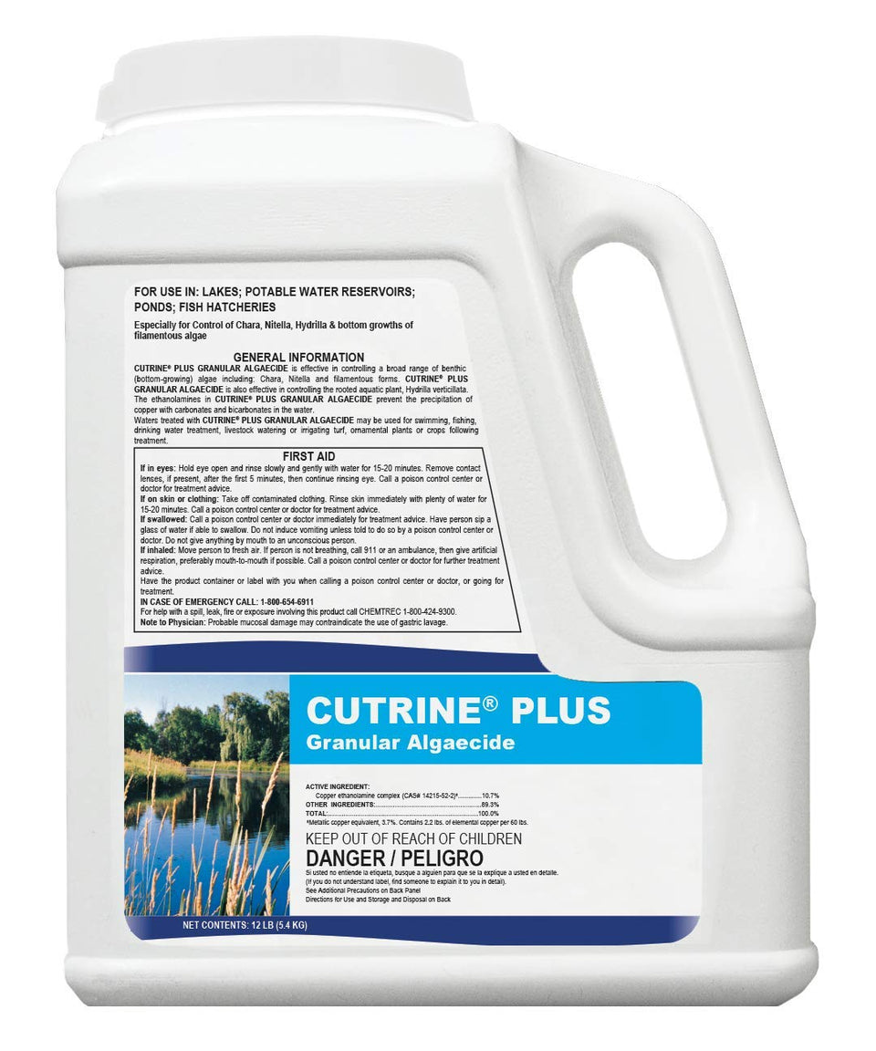 APPLIED BIOCHEMISTS Cutrine-Plus granular algaecide container ready for pond treatment to reduce algae growth.