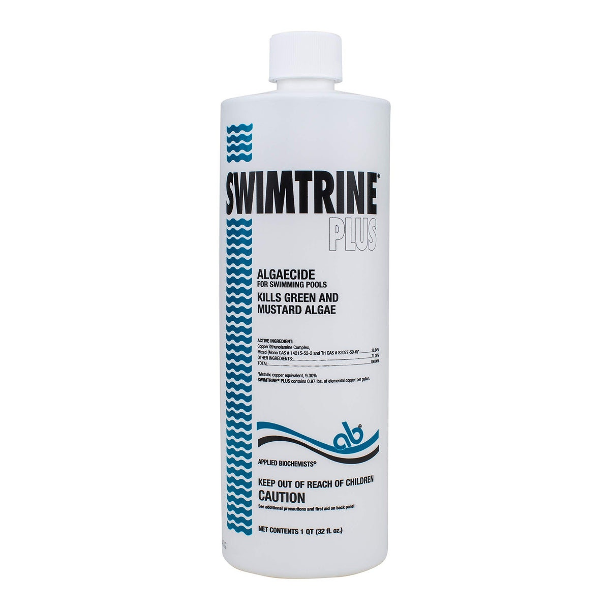 Applied Biochemists Swimtrine Plus bottle for algae control in residential pools.