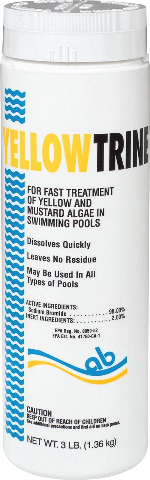 Applied Biochemists Yellowtrine pool algaecide container ready to combat mustard algae outbreaks.