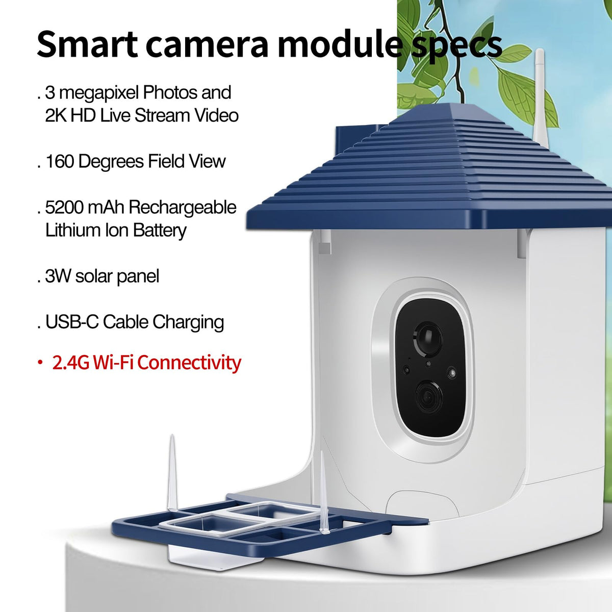 Aprilmin Bird House with solar panel top view ready for day-long outdoor watching.