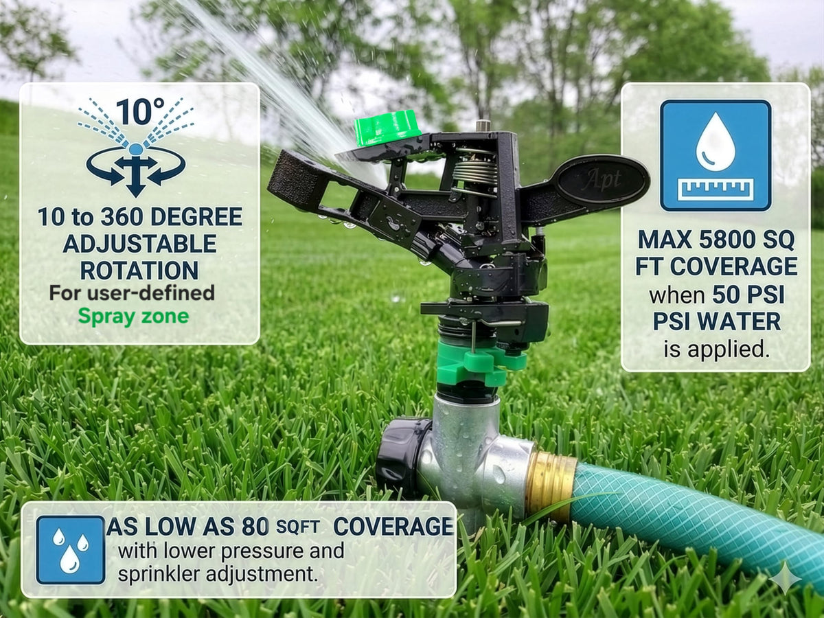 APT Pulsating sprinkler showing adjustable spray pattern for edges.