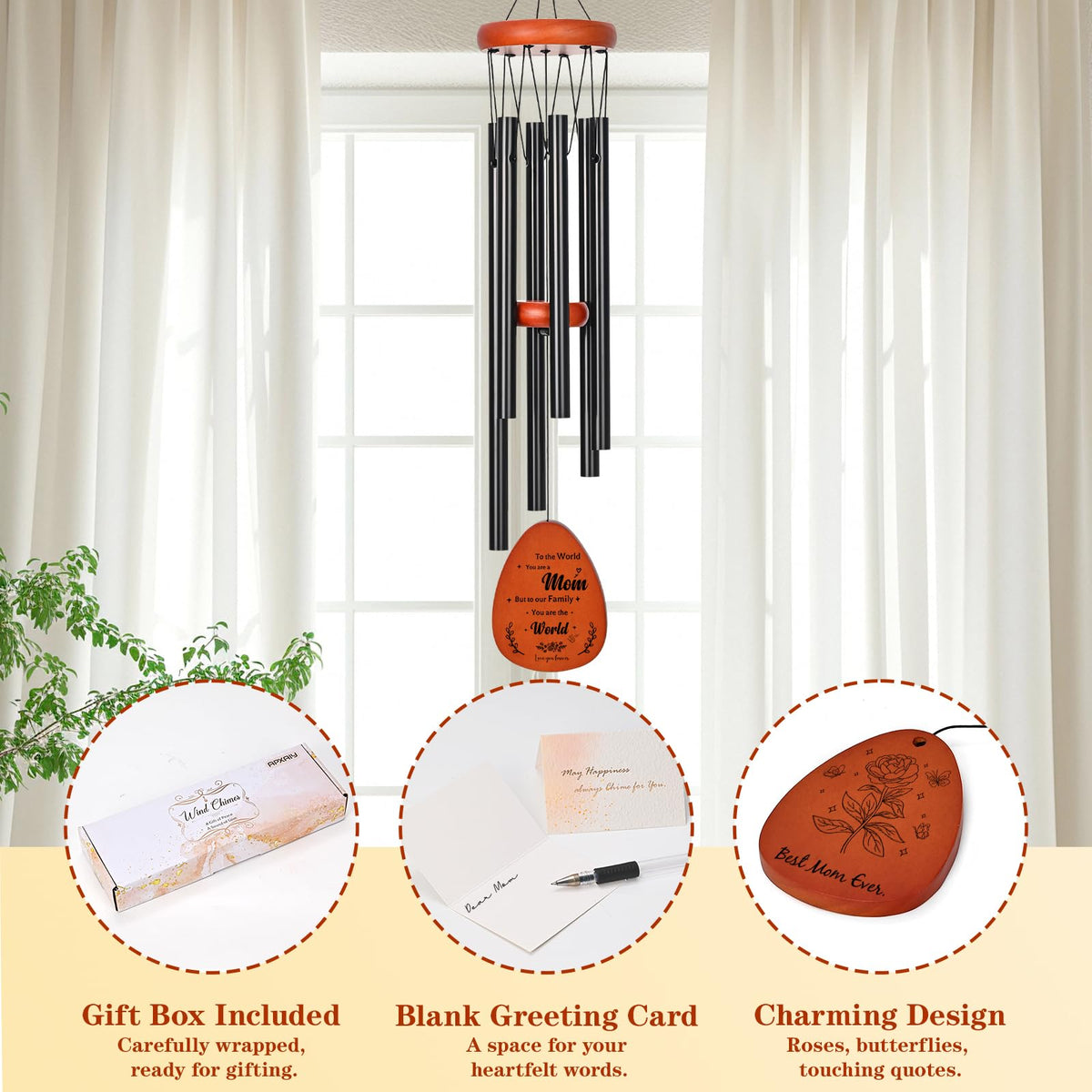 APXAIY wind chime with UV-resistant cord for year-round use.