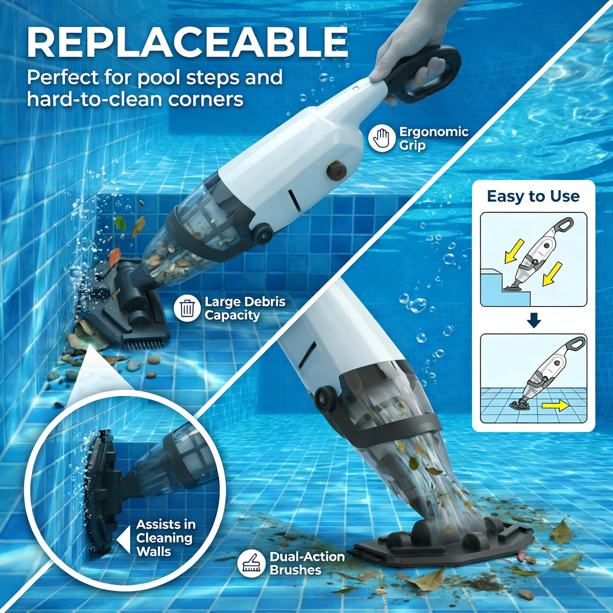 Apyns cordless pool vacuum runs 60–90 minutes on a single charge
