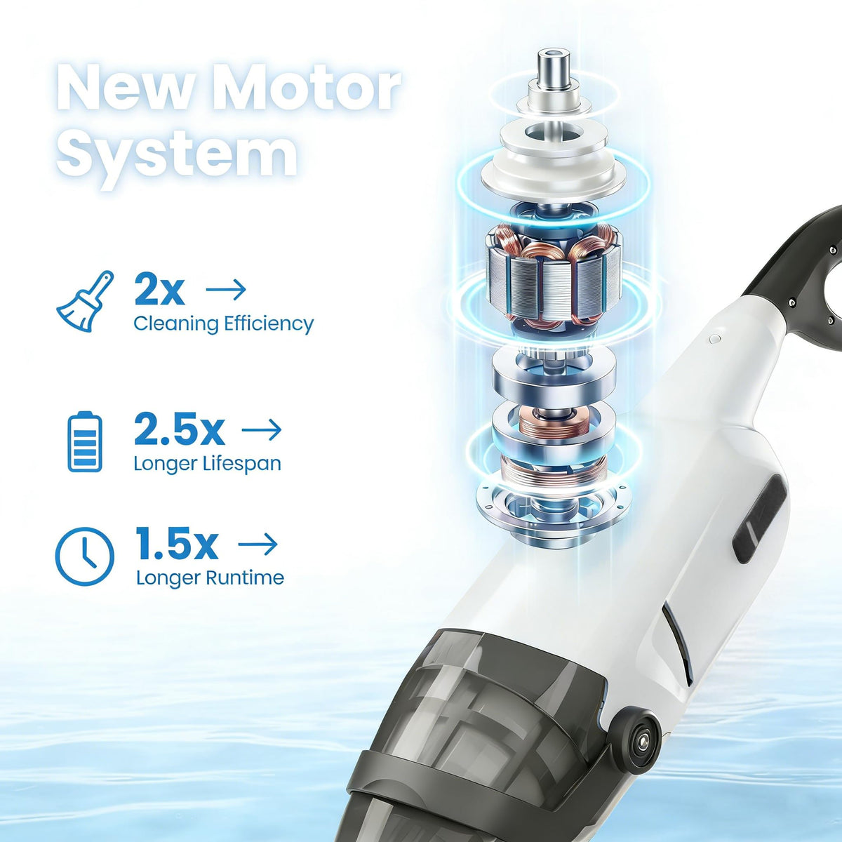 Apyns cordless pool vacuum extended reach with 7.3 ft pole in use