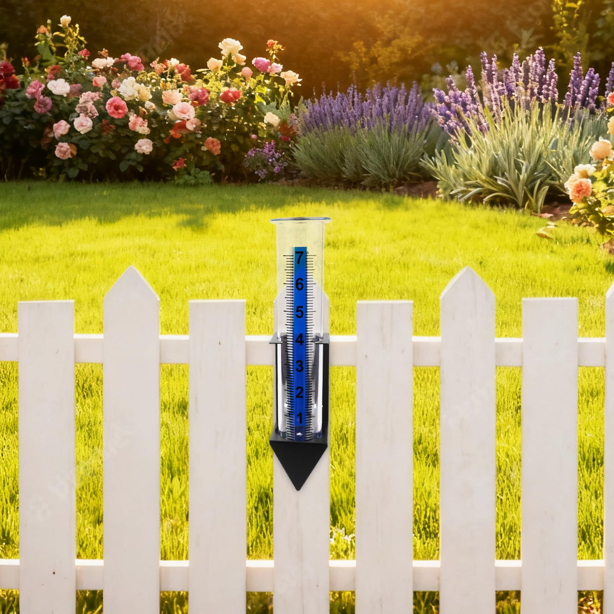 Gauge mounted on fence or planter for flexible placement around yard
