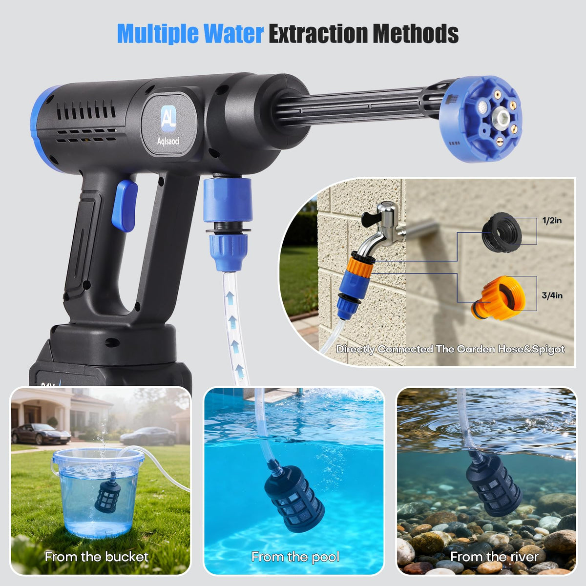 Aqlsaoci water-source flexibility enables from buckets to direct hose connections