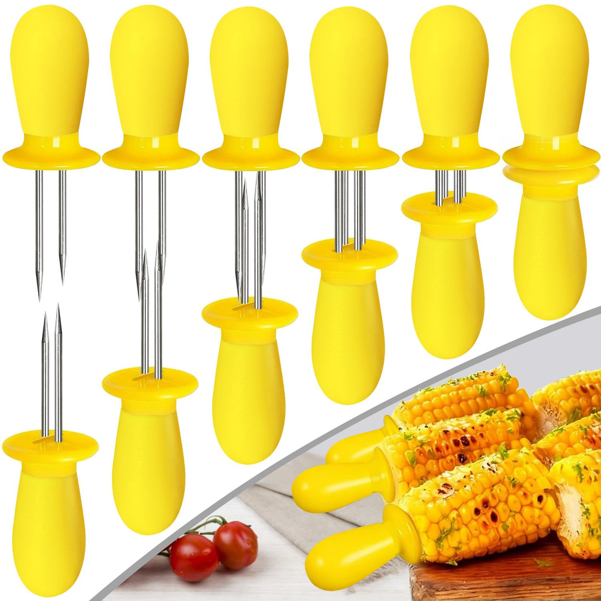 Aqringo 12pcs yellow corn holders with interlocking storage for safe serving.
