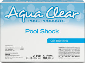 Aqua Clear Pool Shock 24x1lb pack ready for weekly treatment and contaminants removal.