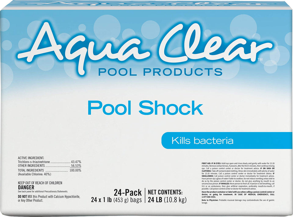 Aqua Clear Pool Shock 24x1lb pack ready for weekly treatment and contaminants removal.