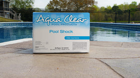 Clear blue pool water after Aqua Clear Pool Shock treatment.