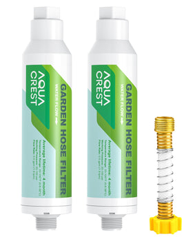 Aqua Crest garden hose filter assembly reduces chlorine for healthier plants.