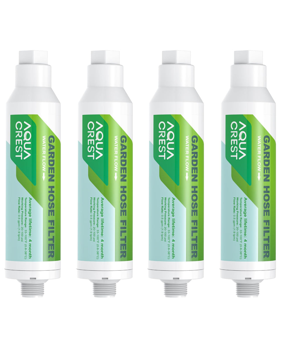 AQUA CREST four-pack garden hose filter ready for easy setup and use.