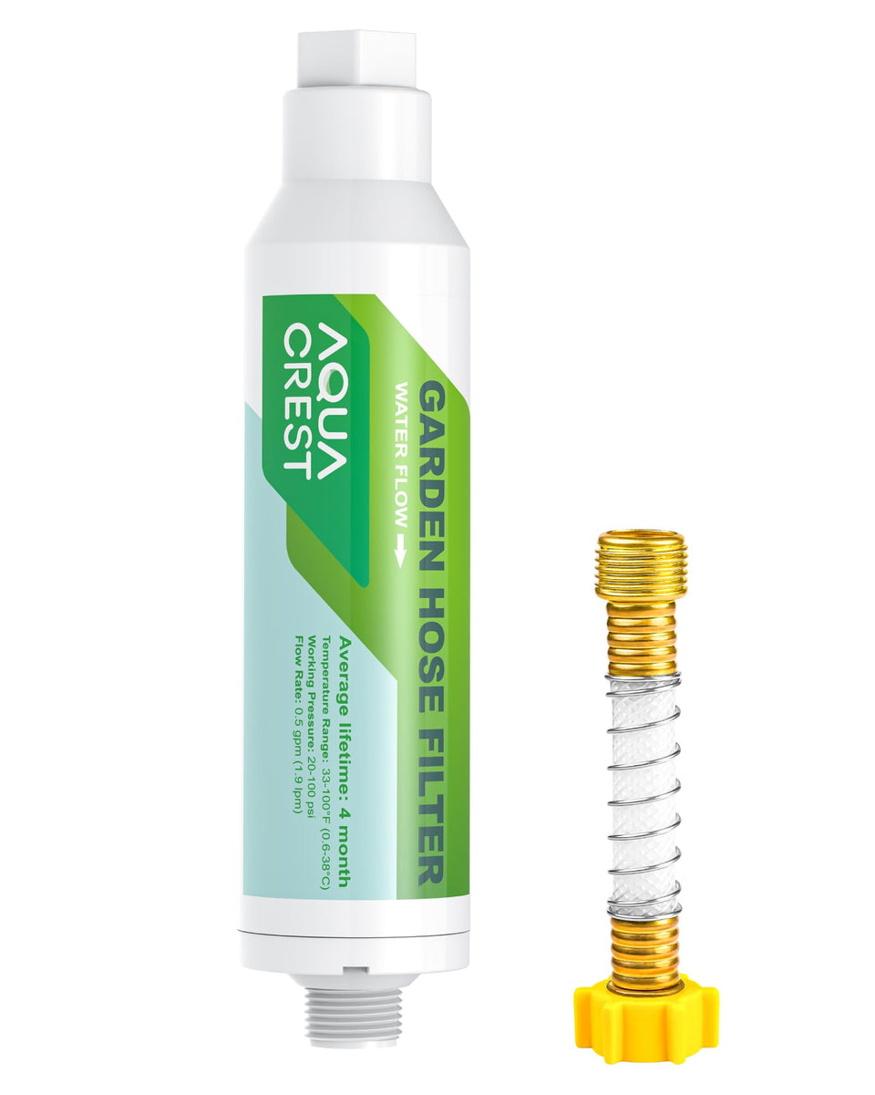AQUACREST garden hose filter front view showing chlorine reduction for healthier plant watering