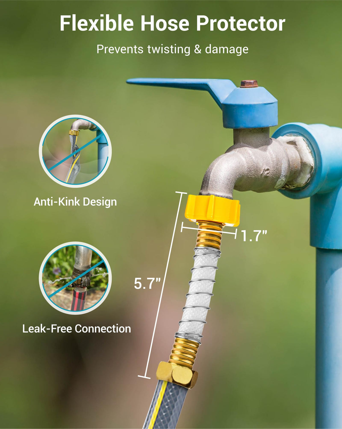 Aqua Crest hose protector attachment protects connections and prevents leaks.