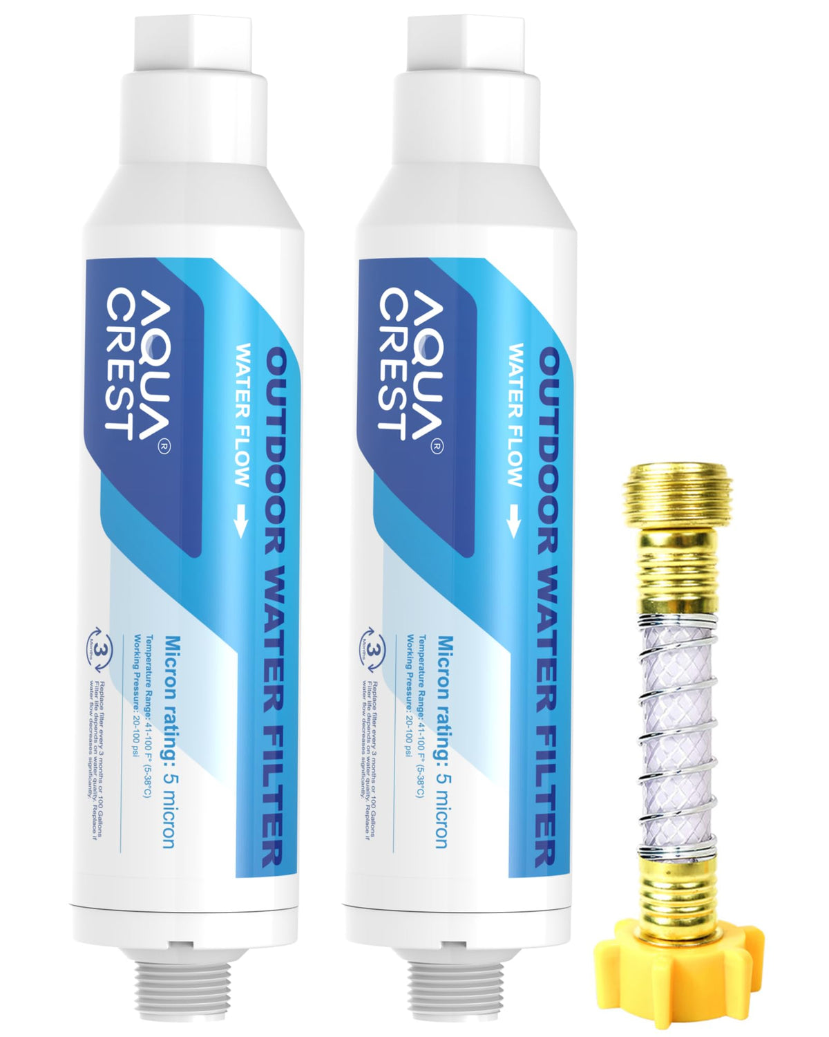 AQUA CREST inline filter side view, ideal for car washing and window cleaning.