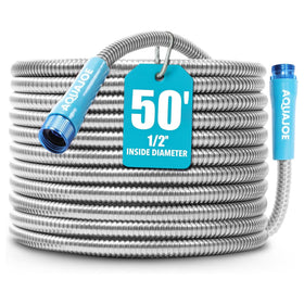 Aqua Joe 50ft stainless steel hose exterior shows rugged spiral design for durable watering.