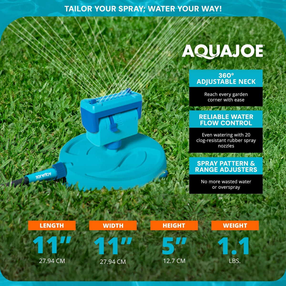 Aqua Joe AJ-OSPR20 shows adjustable spray patterns for versatile coverage.