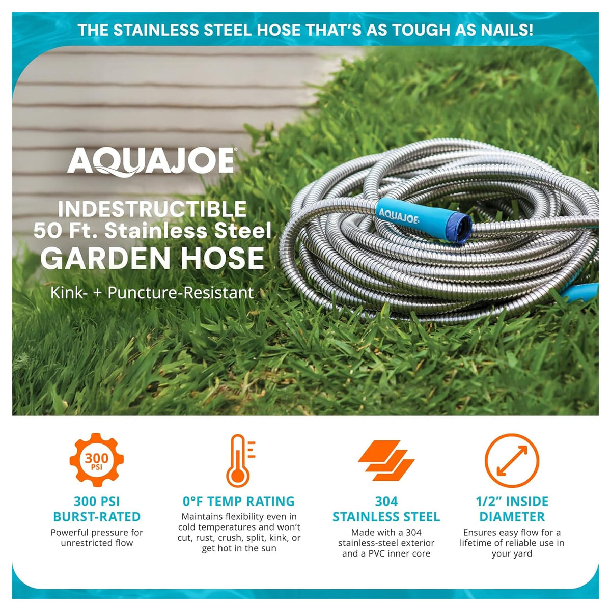 Aqua Joe hose with aluminum fittings and bend restrictor helps prevent leaks and kinks.